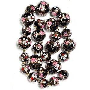 VTG Wedding Cake Murano Glass Bead Necklace 15" Lampwork Linked Black Pink Italy